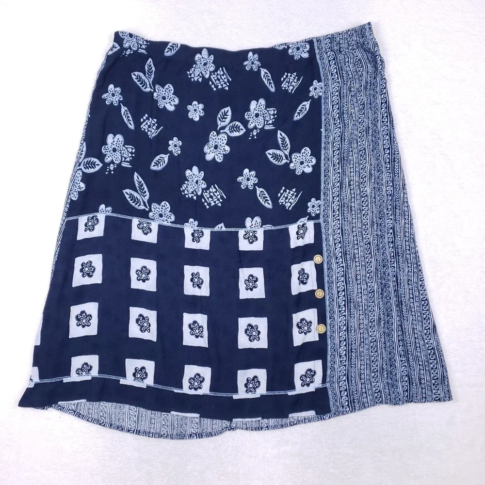 Fashion Bug Patchwork‎ Print Rayon Skirt Size 30/32 Blue Boho Mixed Pattern